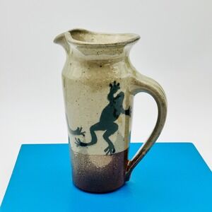 Vintage Studio Pottery Frog Pitcher Tall‎ Stoneware Hand Painted Cream Signed